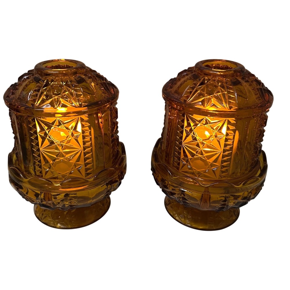 Vintage Indiana Glass Amber Stars and Bars Fairy Lamps Set of 2 Candle Holders